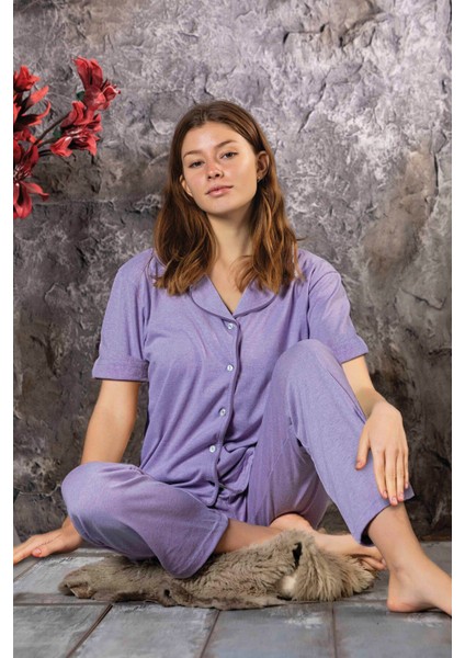 Milan Kumaş Gömlek Yaka Kısa Kollu Kadın Pijama Takımı Homewear