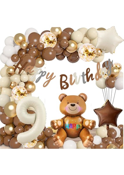 Kahve Tonlar Ayıcıklı Balon 9 yaş Doğum Günü Parti Seti, Retro Renkler Ayı Folyo Balon 9 Yaş Kutlama Seti