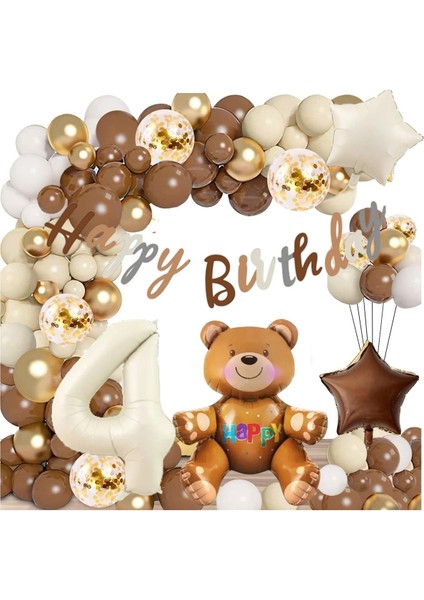 Kahve Tonlar Ayıcıklı Balon 4 yaş Doğum Günü Parti Seti, Retro Renkler Ayı Folyo Balon 4 yaş Kutlama Seti