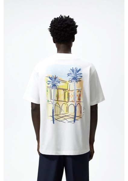 The Champ Bisiklet Yaka Palmiye Baskılı Oversize Beyaz Erkek T-Shirt