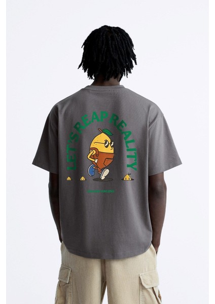 The Champ Bisiklet Yaka Petit Jardinier Baskılı Oversize Füme Erkek T-Shirt