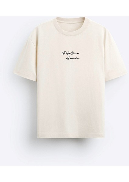 The Champ Bisiklet Yaka Palmiye Baskılı Oversize Bej Erkek T-Shirt