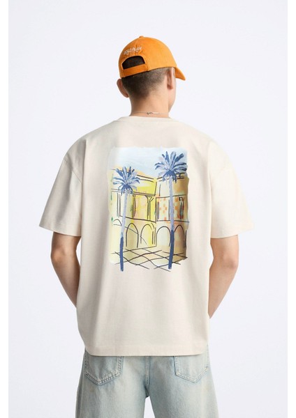 The Champ Bisiklet Yaka Palmiye Baskılı Oversize Bej Erkek T-Shirt