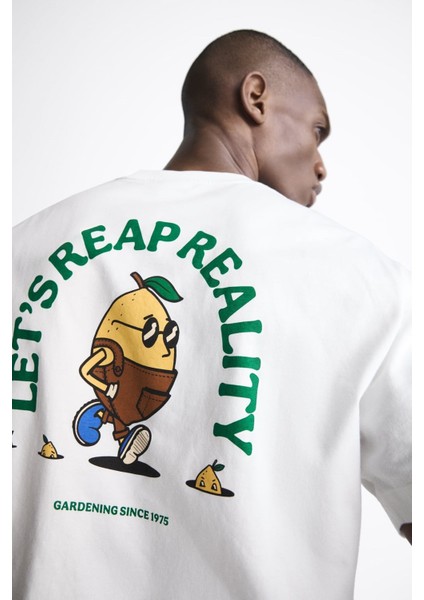 The Champ Bisiklet Yaka Petit Jardinier Baskılı Oversize Beyaz Erkek T-Shirt