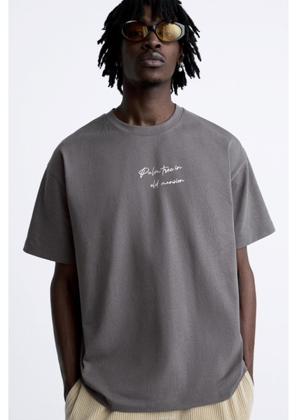 The Champ Bisiklet Yaka Palmiye Baskılı Oversize Füme Erkek T-Shirt