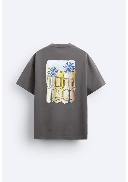 The Champ Bisiklet Yaka Palmiye Baskılı Oversize Füme Erkek T-Shirt
