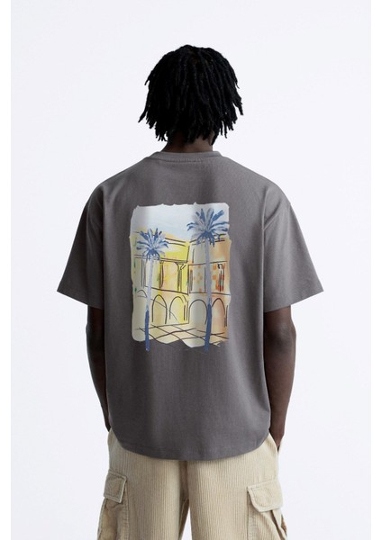 The Champ Bisiklet Yaka Palmiye Baskılı Oversize Füme Erkek T-Shirt