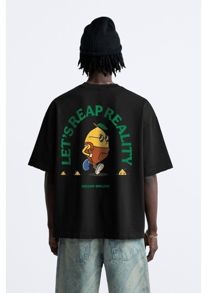 The Champ Bisiklet Yaka Petit Jardinier Baskılı Oversize Siyah Erkek T-Shirt