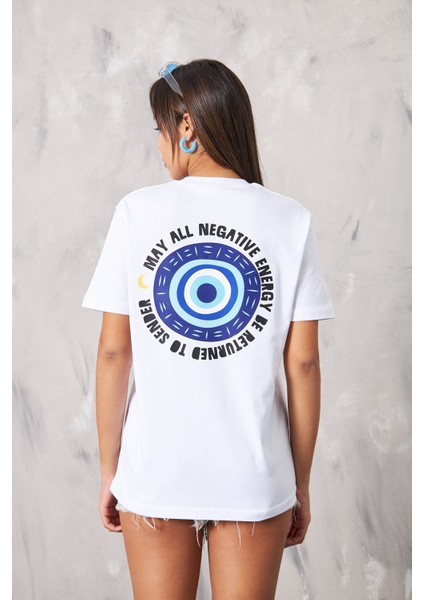 The Champ May All Negative Energy Yazılı Nazar Tasarım Oversize Beyaz Kadın T-Shirt modelleri