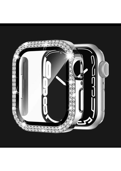 Apple Watch 45 mm Uyumlu Taşlı Ekran ve Kasa Koruyucu Gümüş (Ürün Saat Koruyucusudur)