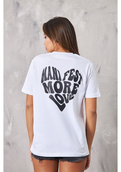 The Champ Manifest More Love Yazılı Kalp Tasarım Baskılı Oversize Beyaz Kadın T-Shirt modelleri