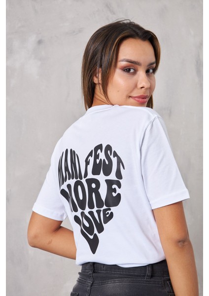 The Champ Manifest More Love Yazılı Kalp Tasarım Baskılı Oversize Beyaz Kadın T-Shirt indirimleri