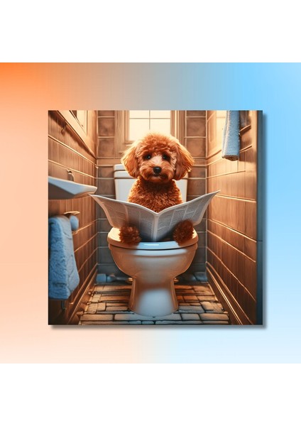 Tekli Kare Kanvas Banyo Tablosu Gazete Okuyan Kahverengi Poodle