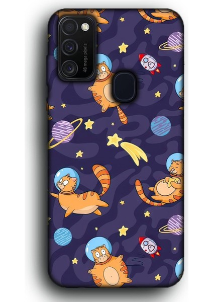 Galaxy M30S Uyumlu Lansman Telefon Kılıfı "sevimli Astronot Kedi Çizgi Film Uzay"