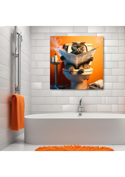 Tekli Kare Kanvas Banyo Tablosu Gazete Okuyan Gri Scottish Fold
