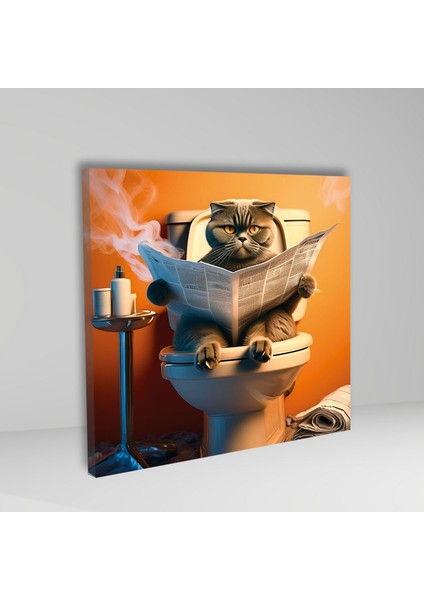 Tekli Kare Kanvas Banyo Tablosu Gazete Okuyan Gri Scottish Fold fiyatları