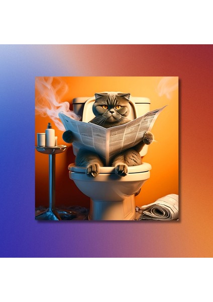 Tekli Kare Kanvas Banyo Tablosu Gazete Okuyan Gri Scottish Fold modelleri