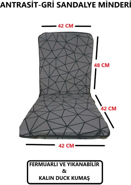 Sandalye Minderi Büyük Arkalıklı Yıkanabilir Fermuarlı Lastikli 6'lı Gri Siyah Çizgili 4 cm Sünger