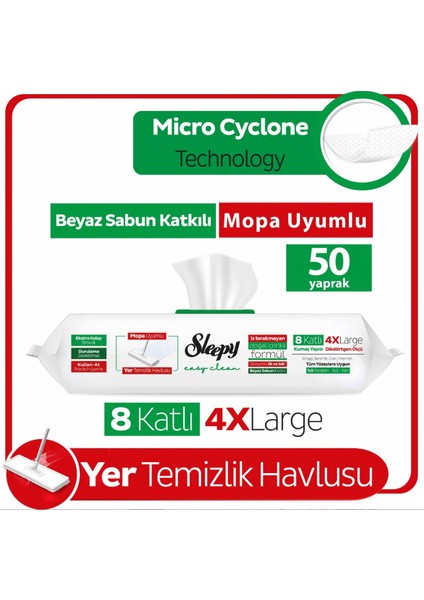 Easy Clean Beyaz Sabun Katkılı Mopa Uyumlu Yer Temizlik Havlusu 50 Yaprak + Mop Aparatı + Slim Bez