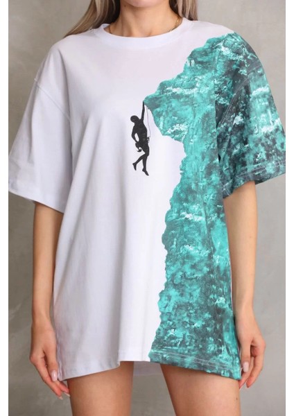 Unisex Bisiklet Yaka Baskılı Oversize T-Shirt - Beyaz
