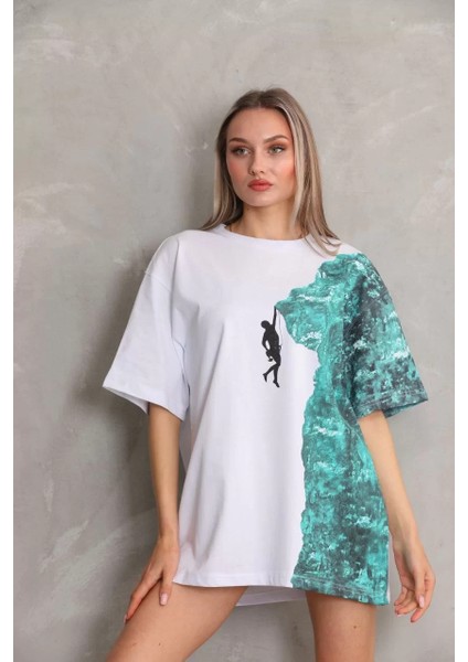 Unisex Bisiklet Yaka Baskılı Oversize T-Shirt - Beyaz