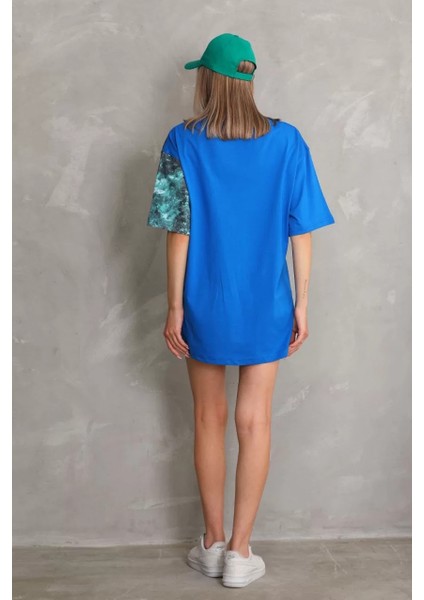 Unisex Bisiklet Yaka Baskılı Oversize T-Shirt - Mavi