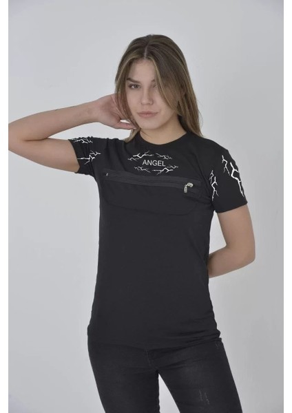 Unisex Göğüs Fermuarlı Baskılı T-Shirt - Siyah