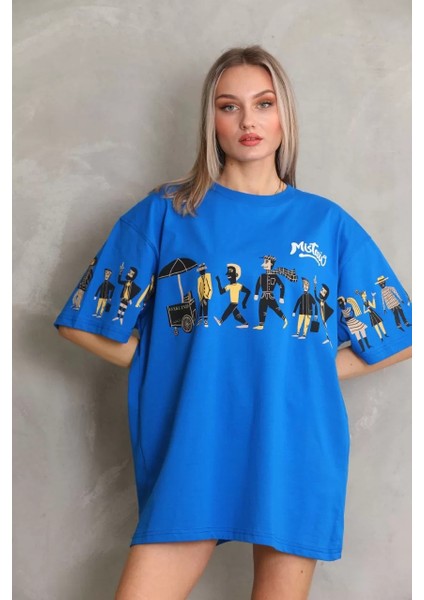 Unisex Bisiklet Yaka Baskılı Oversize T-Shirt - Mavi