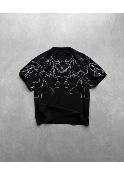 Unisex Bisiklet Yaka Baskılı Oversize T-Shirt - Siyah