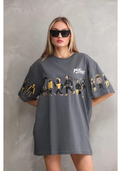 Unisex Bisiklet Yaka Baskılı Oversize T-Shirt - Gri