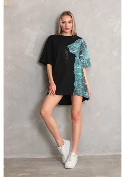 Unisex Bisiklet Yaka Baskılı Oversize T-Shirt - Siyah