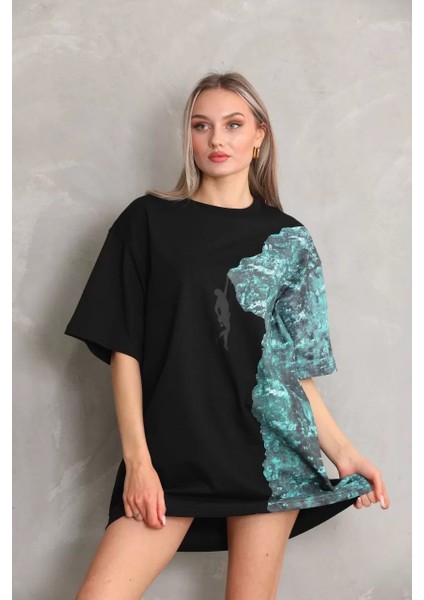 Unisex Bisiklet Yaka Baskılı Oversize T-Shirt - Siyah