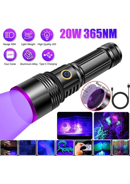 F.b.ı F-365 Uv LED Mor Işıklı 20WATT Şarjlı 26650 Pilli Profesyonel El Feneri