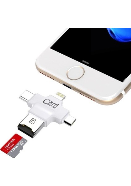 4 In 1 Type-C Android iPad iPhone Uyumlu Lightning Micro USB Kart Okuyucu Otg