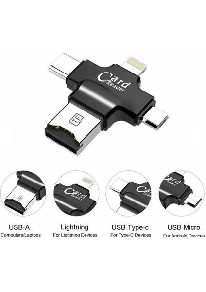 4 In 1 Type-C Android iPad iPhone Uyumlu Lightning Micro USB Kart Okuyucu Otg