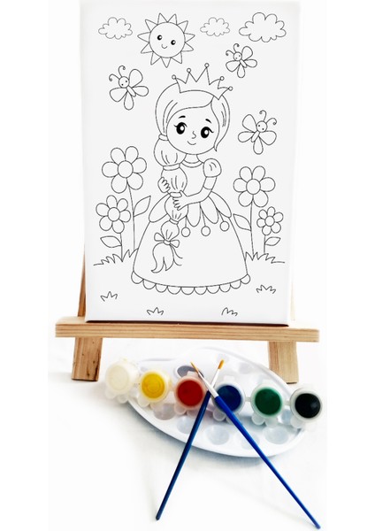 Rapunzel Çocuk Ressam Seti 20 x 30 cm Ön Çizimli Tuval 2 Adet Fırça Palet Boyalar ve Şövale