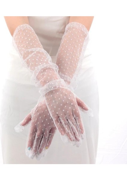 Uzun Boy Beyaz Puantiyeli Beyaz Renk Yetişkin Tül Eldiven 55 cm fiyatları