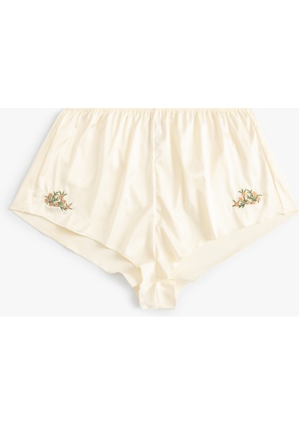 Çiçek Işlemeli Saten Şort Pijama Altı
