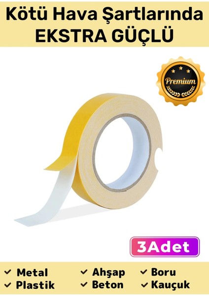 Güçlü Uzun Ömürlü Kuvvetli Yapışkan Kolay Iz Bırakmaz Çift Taraflı Köpük Bant 10MT - 3 Adet