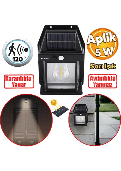 Güneş Enerjili Dış Aydınlatma 2 Modlu Işıklandırma Sensörlü Sarı Işıklı Aplik 5 W Portatif Fener Lamba
