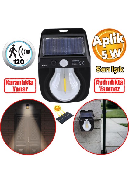Güneş Enerjili Dış Aydınlatma 3 Modlu Işıklandırma Sensörlü Sarı Işıklı Aplik 5 W Portatif Fener Lamba