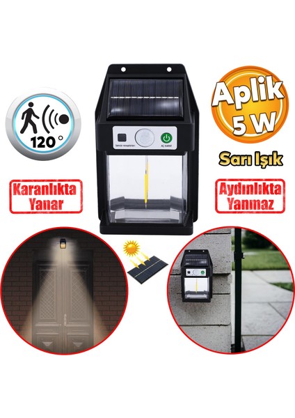 Güneş Enerjili Dış Aydınlatma Yeni Nesil Ampül Sensörlü Sarı Işıklı Aplik 5 W Portatif Fener Lamba