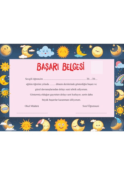 (20 Adet) Anaokulu-Ilkokul Başarı Belgesi 1. Hamur Kalın Gramajlı Karton BB021(TEK Yön/renkli Baskı )