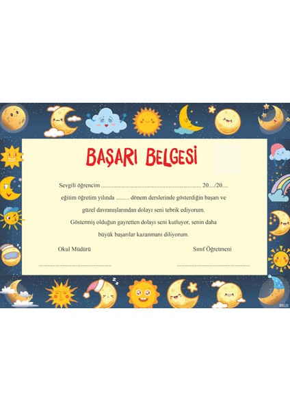 (10 Adet) Anaokulu-Ilkokul Başarı Belgesi 1. Hamur Kalın Gramajlı Karton BB020(TEK Yön/renkli Baskı )