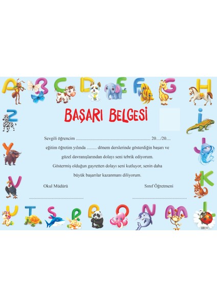 Bilgin Çocuk Yayınları (20 Adet) Anaokulu-Ilkokul Başarı Belgesi 1. Hamur Kalın Gramajlı Karton BB010(TEK Yön/renkli Baskı )