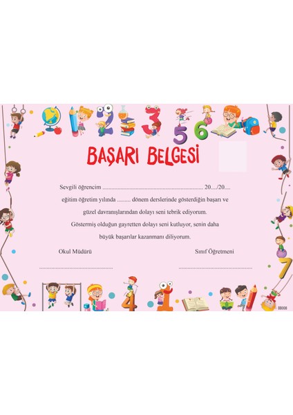 (10 Adet) Anaokulu-Ilkokul Başarı Belgesi 1. Hamur Kalın Gramajlı Karton BB008(TEK Yön/renkli Baskı )