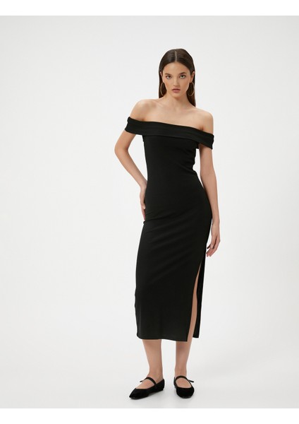 Madonna Yaka Kalem Elbise Midi Boy Yırtmaç Detaylı Slim Fit