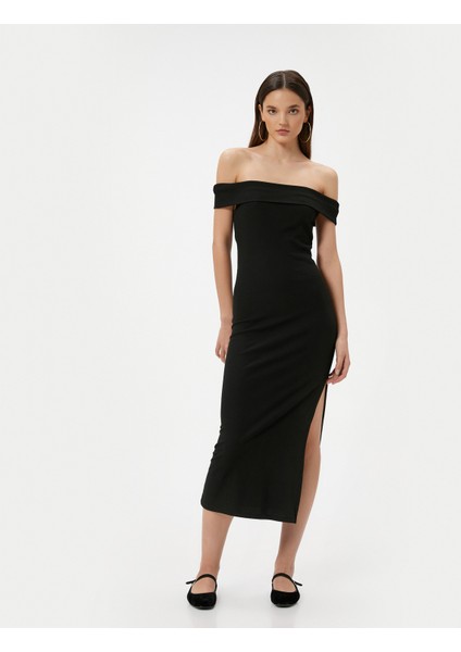 Madonna Yaka Kalem Elbise Midi Boy Yırtmaç Detaylı Slim Fit