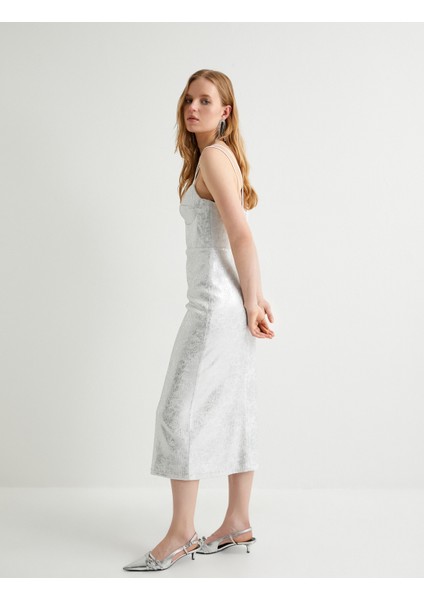Midi Askılı Abiye Elbise Bridal Kalp Yaka Metalik Varak Baskılı