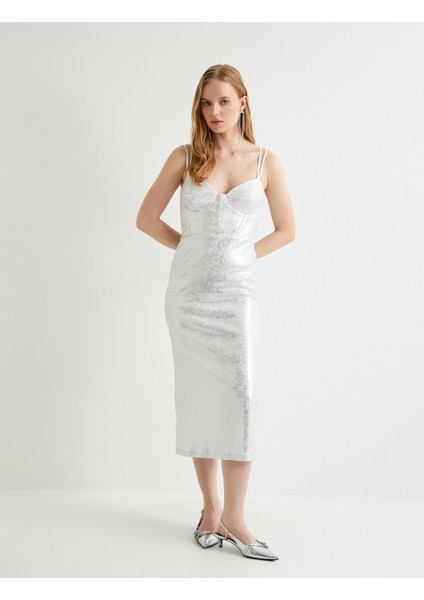 Midi Askılı Abiye Elbise Bridal Kalp Yaka Metalik Varak Baskılı fiyatları